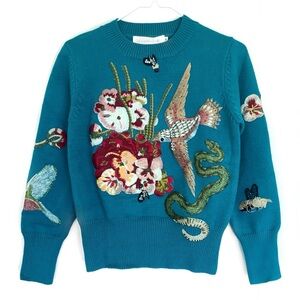 DUODUO Teal Embroidered Embellished applique motif Pullover Sweater